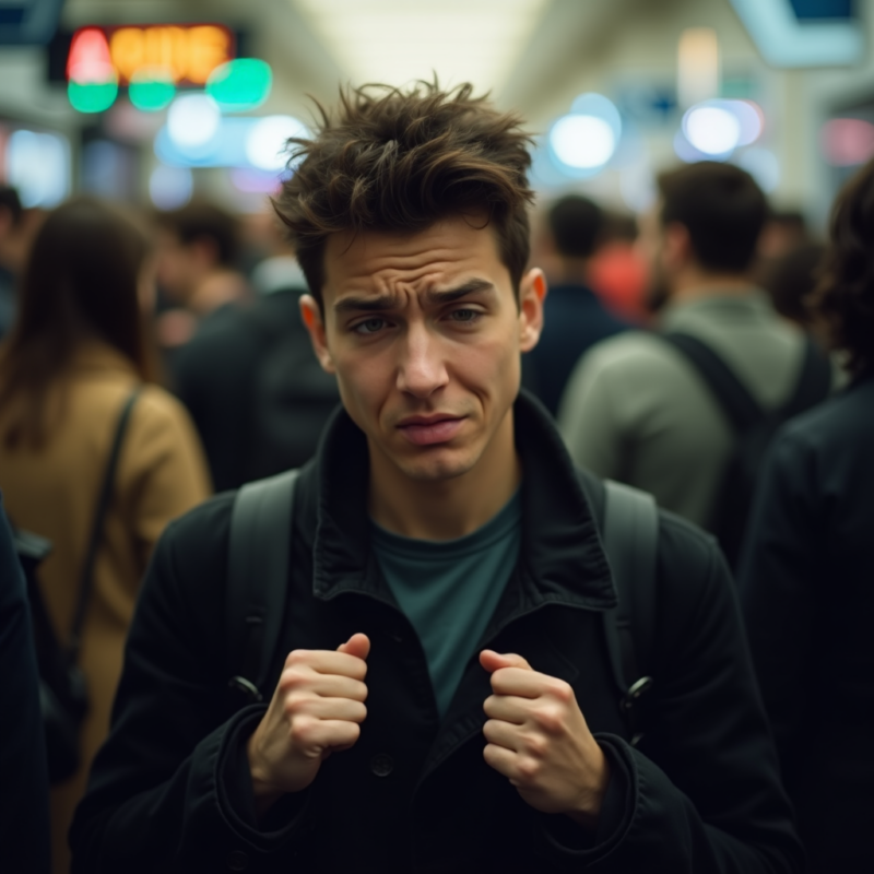 Młody mężczyzna z wyraźnym wyrazem niepokoju na twarzy stoi w tłumie ludzi w ruchliwym miejscu publicznym, np. na stacji metra. Trzyma plecak obiema rękami, sprawiając wrażenie spiętego i zestresowanego. Obraz symbolizuje lęk społeczny, który jest oceniany m.in. za pomocą Skali Lęku Społecznego Leibowitza (LSAS), używanej do diagnozy i pomiaru nasilenia fobii społecznej.