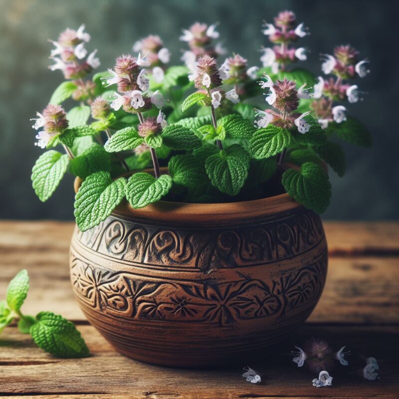 Melisa lekarska w ozdobnej glinianej donicy, prezentująca delikatne, fioletowe kwiaty i aromatyczne zielone liście, idealna do zastosowań kulinarnych oraz jako naturalny środek uspokajający.