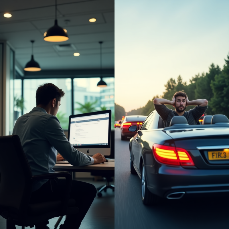 Praca zdalna a brak dojazdów – po lewej mężczyzna pracujący przy komputerze w biurze domowym, po prawej ten sam mężczyzna sfrustrowany w korku, symbolizując stres związany z codziennymi dojazdami do pracy.