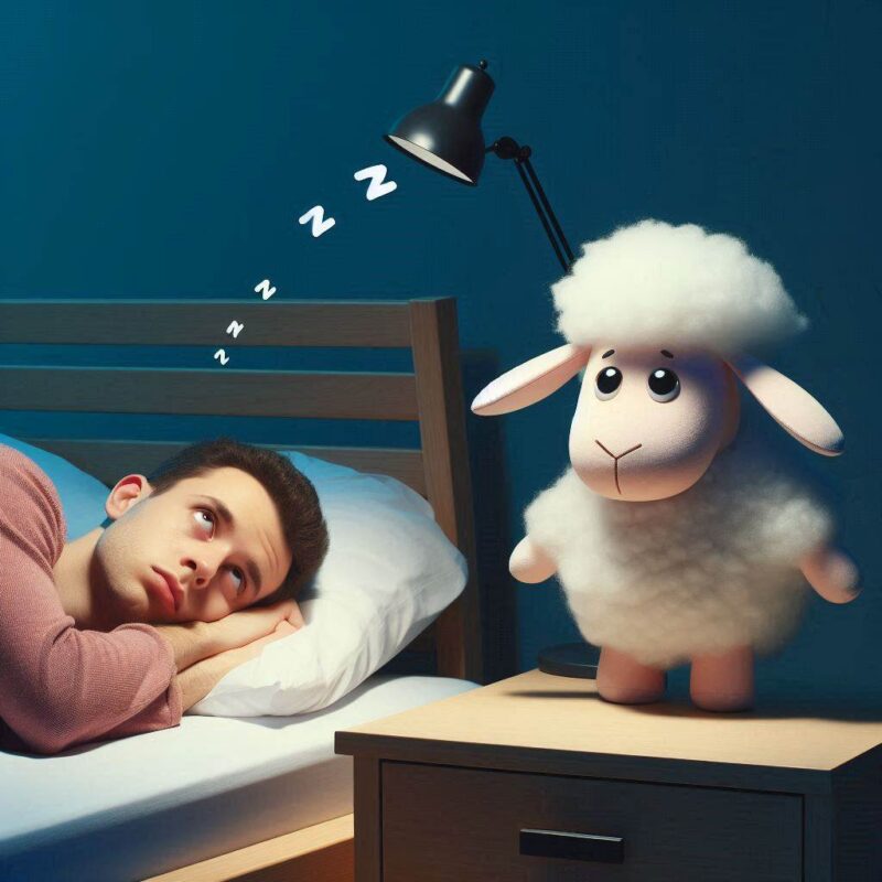 Osoba leżąca w łóżku z problemami ze snem, patrząca na pluszową owieczkę stojącą na stoliku nocnym, symbolizującą liczenie owiec jako metodę na bezsenność.