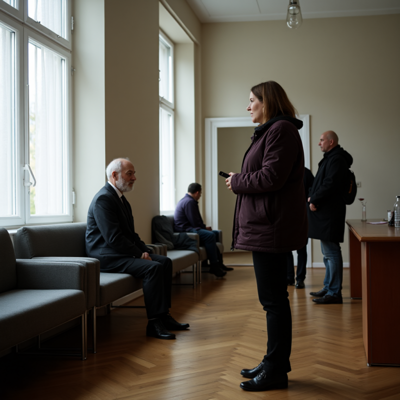 Psycholog w ramach NFZ – poczekalnia w placówce medycznej z kilkoma pacjentami czekającymi na wizytę. Osoby siedzące i stojące w milczeniu, bez interakcji, w atmosferze skupienia i oczekiwania. Obraz odzwierciedla rzeczywistość publicznej opieki zdrowotnej, gdzie pacjenci czekają na konsultację psychologiczną w ramach Narodowego Funduszu Zdrowia.