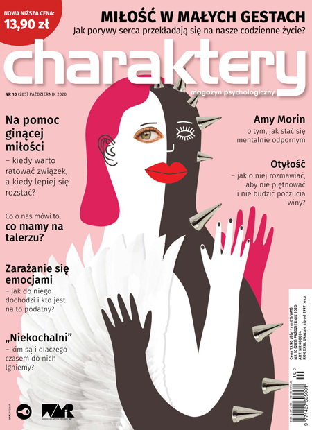 Okładka magazynu 'Charaktery' z października 2020 roku. Na grafice widnieje ilustracja kobiety, której twarz łączy różne emocje i kontrasty. Tematy numeru obejmują zagadnienia takie jak miłość w małych gestach, odporność psychiczna, zarządzanie emocjami oraz kwestie związane z relacjami i zdrowiem psychicznym.