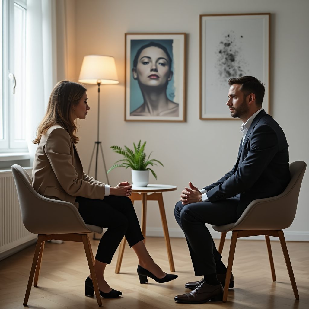 Ile kosztuje wizyta u psychologa w Polsce? Analiza cen – elegancki gabinet psychologiczny, w którym kobieta i mężczyzna w formalnych strojach siedzą naprzeciw siebie, prowadząc rozmowę. Nowoczesne wnętrze z minimalistycznym wystrojem i ciepłym oświetleniem. Obraz symbolizuje profesjonalną terapię psychologiczną i koszty związane z prywatnymi wizytami w Polsce.