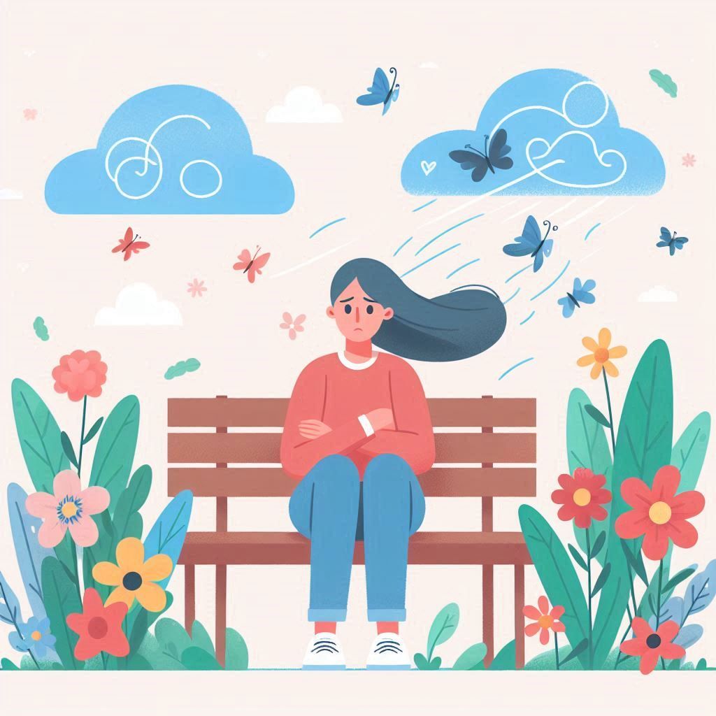 Ilustracja przedstawiająca młodą kobietę siedzącą na ławce z zmartwionym wyrazem twarzy, otoczoną kwiatami, motylami i chmurami na niebie. Pomimo kolorowego i spokojnego otoczenia, jej postawa i mimika wskazują na odczuwanie lęku lub niepokoju, symbolizując wewnętrzne zmagania emocjonalne w kontrastującym otoczeniu.