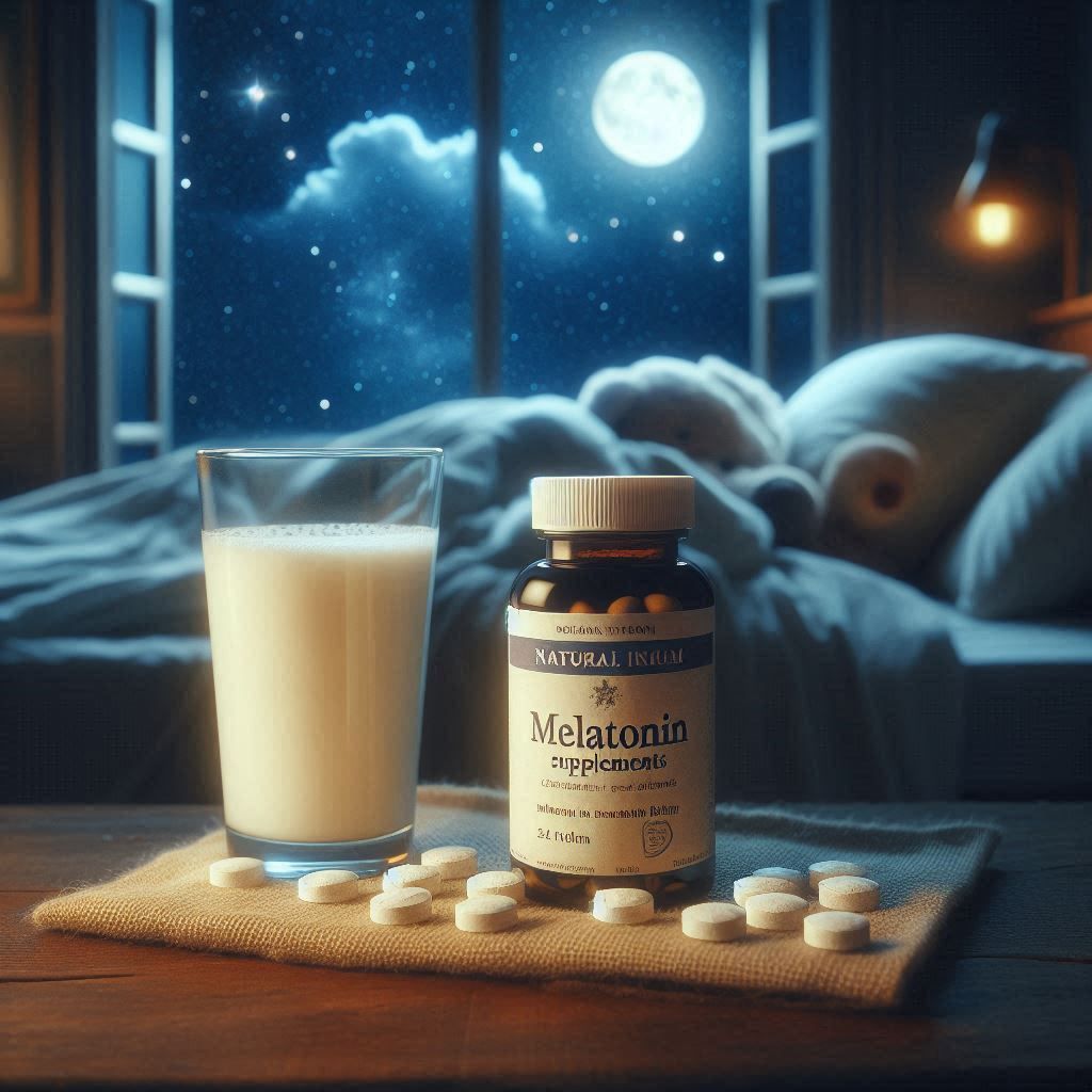 Butelka suplementu melatoniny i szklanka mleka ustawione na drewnianym stoliku nocnym, w tle osoba śpiąca w łóżku przy świetle księżyca widocznym przez okno. Obraz symbolizuje naturalną i suplementacyjną rolę melatoniny w wspomaganiu procesu zasypiania i zdrowego snu.