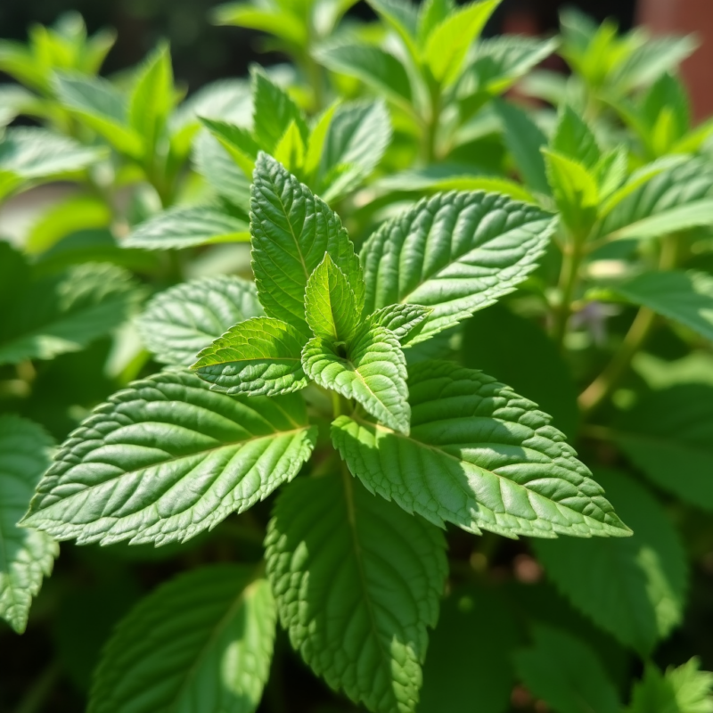 Zbliżenie na świeże, zielone liście melisy lekarskiej rosnącej w naturalnym środowisku. Charakterystyczne liście o ząbkowanych brzegach są popularnie stosowane w celach leczniczych i relaksacyjnych, dzięki swoim właściwościom uspokajającym i kojącym
