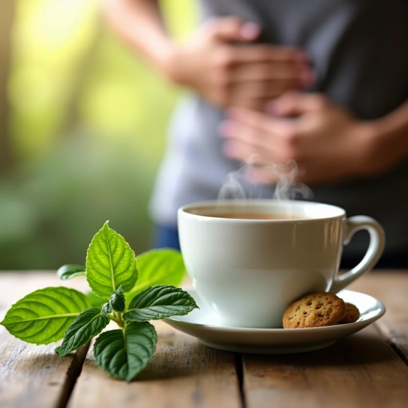 Filiżanka gorącej herbaty z melisy lekarskiej na drewnianym stole, obok świeżych liści melisy i ciasteczek. W tle osoba trzymająca się za brzuch, co sugeruje zastosowanie melisy jako naturalnego środka łagodzącego dolegliwości trawienne i stres