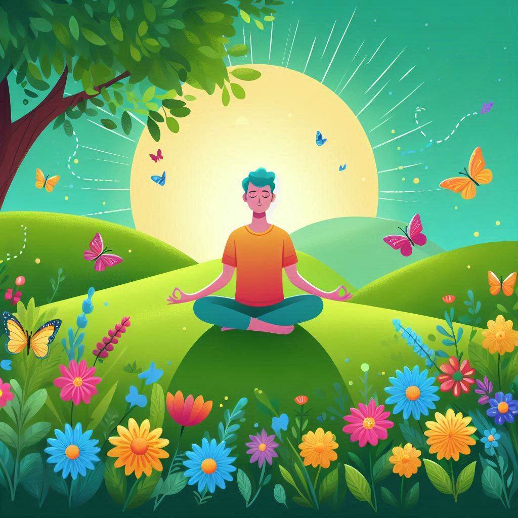Medytacja na łonie natury w otoczeniu kwiatów i motyli, symbolizująca harmonię, spokój wewnętrzny oraz korzyści z praktyki mindfulness.