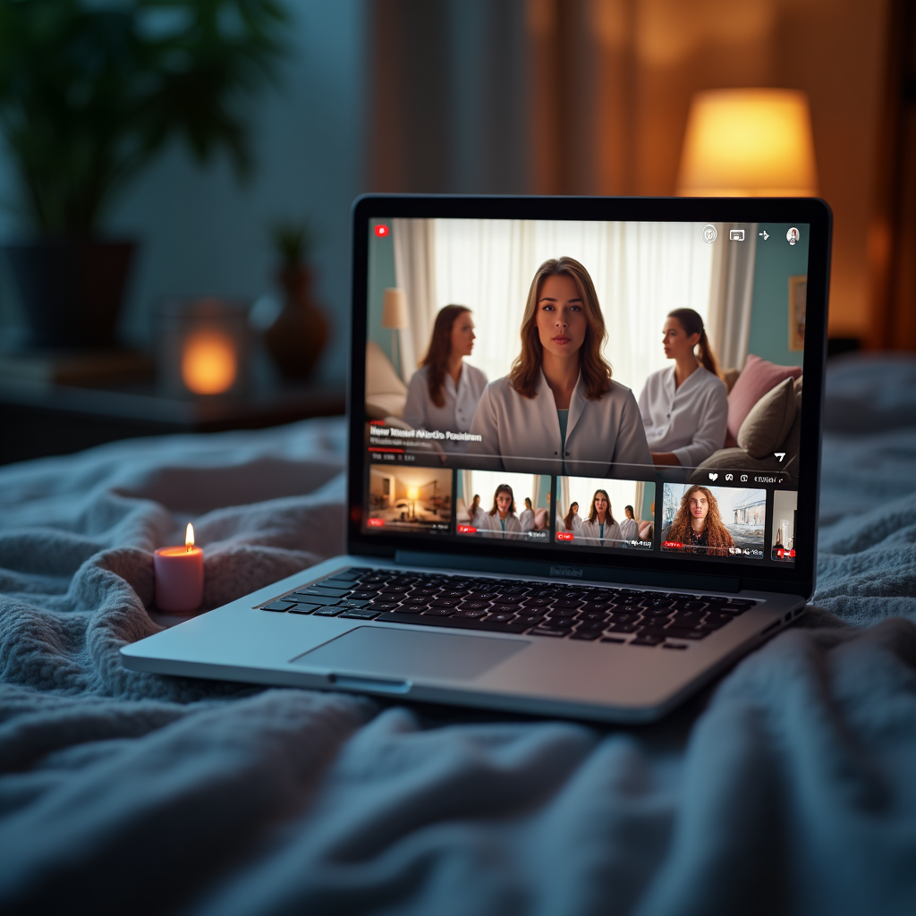 Popularne polskie kanały YouTube o zdrowiu psychicznym – laptop na łóżku w przytulnym oświetleniu, na ekranie film z ekspertkami rozmawiającymi o psychologii i zdrowiu emocjonalnym. W tle świeczka i relaksująca atmosfera.