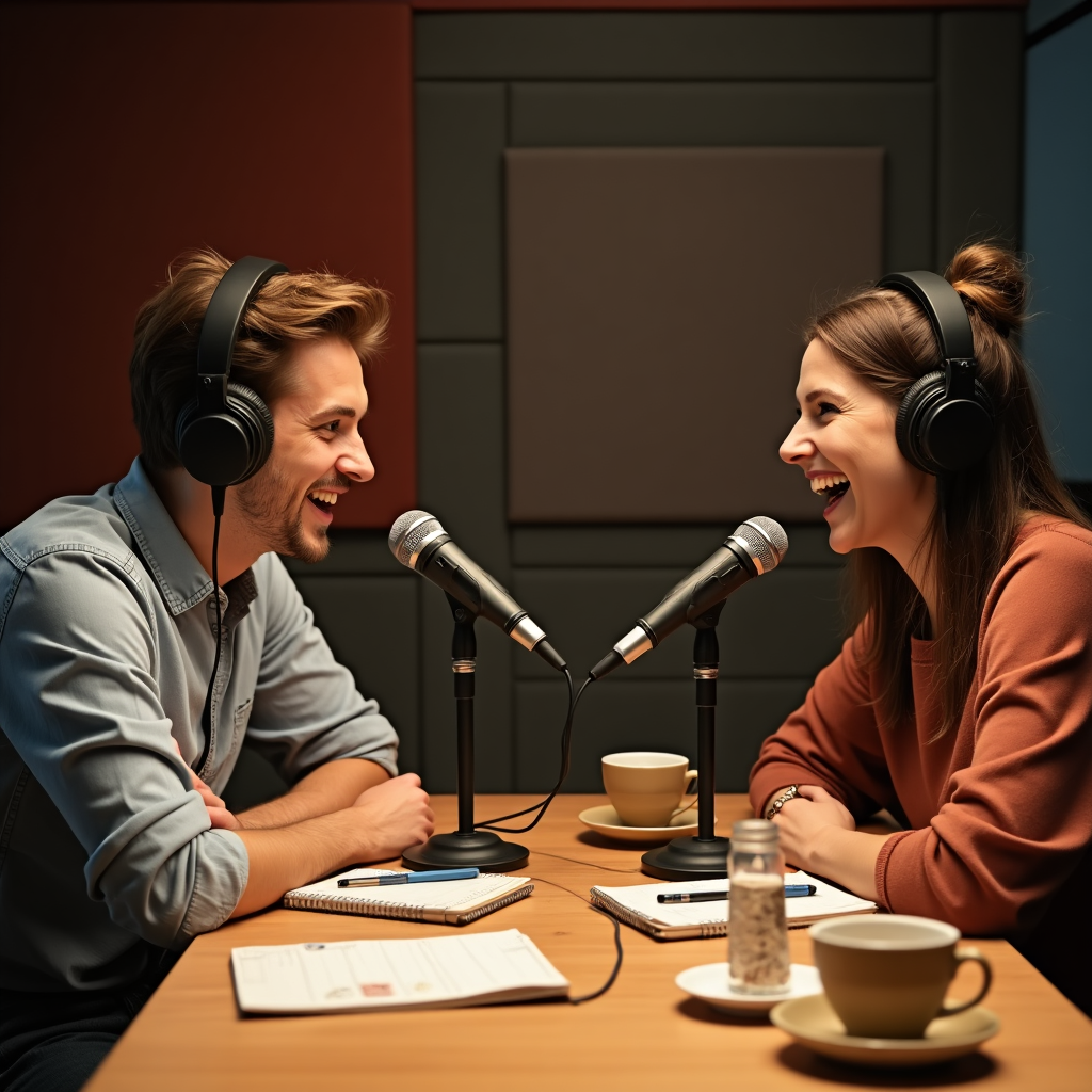 Dwójka młodych ludzi nagrywających podcast o zdrowiu psychicznym w profesjonalnym studiu. Prowadzący noszą słuchawki i rozmawiają przy mikrofonach, uśmiechając się. Na stole notesy, długopisy i filiżanki kawy. Przytulne, nowoczesne wnętrze sprzyja swobodnej rozmowie. Idealna ilustracja do tematów związanych z psychologią, podcastami i samorozwojem.