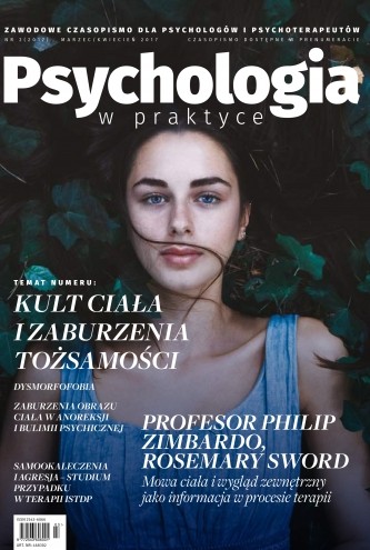 Okładka magazynu 'Psychologia w praktyce' z motywem przewodnim numeru: kult ciała i zaburzenia tożsamości. Centralna fotografia przedstawia młodą kobietę zanurzoną w wodzie, co symbolizuje introspekcję i emocjonalną głębię. W numerze poruszane są tematy takie jak dysmorfofobia, zaburzenia obrazu ciała oraz wywiad z profesorem Philipem Zimbardo i Rosemary Sword na temat znaczenia postrzegania ciała w terapii.