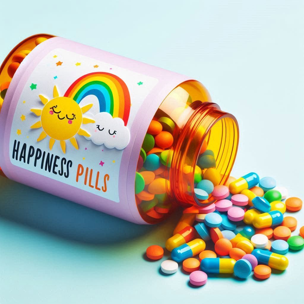 Kolorowa ilustracja przedstawiająca otwarte opakowanie tabletek z etykietą „Happiness Pills” ozdobioną rysunkiem uśmiechniętego słońca i tęczy. Wewnątrz znajdują się wielobarwne kapsułki, wysypujące się na powierzchnię. Obraz symbolizuje sposób, w jaki leki przeciwlękowe, takie jak Xanax, są przedstawiane w popkulturze – często jako szybkie i łatwe rozwiązanie problemów emocjonalnych, pomimo ich potencjalnych skutków ubocznych i ryzyka uzależnienia.