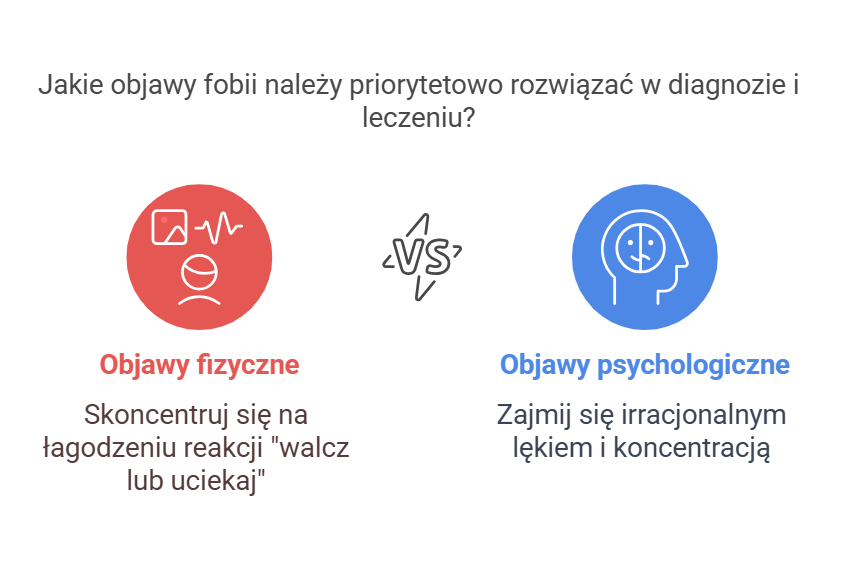 Infografika przedstawiająca dylemat diagnostyczny i terapeutyczny dotyczący fobii – czy priorytetowo skupić się na objawach fizycznych czy objawach psychologicznych. Po lewej stronie w czerwonym okręgu przedstawione są objawy fizyczne, związane z reakcją „walcz lub uciekaj