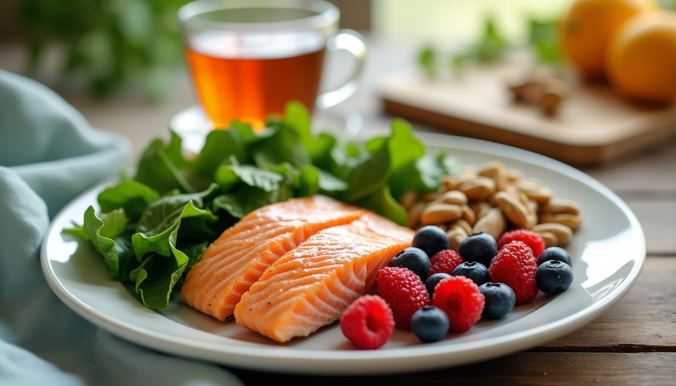 Zdjęcie przedstawiające talerz pełen zdrowych produktów wspierających redukcję lęku. Na talerzu znajduje się grillowany łosoś (bogaty w kwasy omega-3), świeże maliny, borówki i migdały (źródła magnezu i antyoksydantów), a także zielone liście sałaty. W tle widoczna jest filiżanka herbaty, symbolizująca napoje o działaniu uspokajającym. Kompozycja obrazuje znaczenie zbilansowanej diety w redukcji objawów nerwicy lękowej.