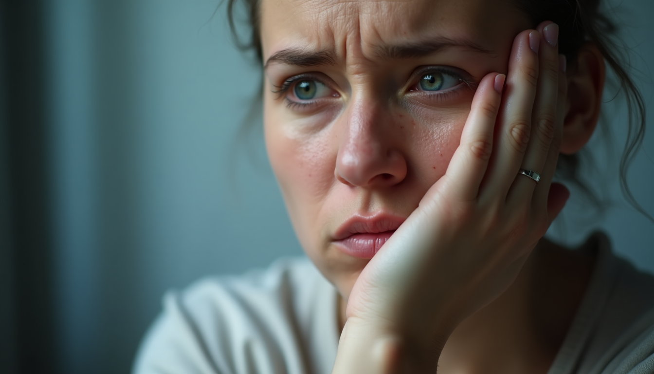 Zbliżenie na zamyśloną kobietę z wyrazem zmartwienia na twarzy, opierającą głowę na dłoni. Jej spojrzenie jest pełne niepokoju, co symbolizuje emocjonalne i fizyczne objawy lęku somatycznego. Subtelne światło podkreśla napięcie i zmęczenie, sugerując wpływ stresu na ciało i umysł. Obraz odzwierciedla tematykę objawów, przyczyn oraz sposobów radzenia sobie z lękiem somatycznym.