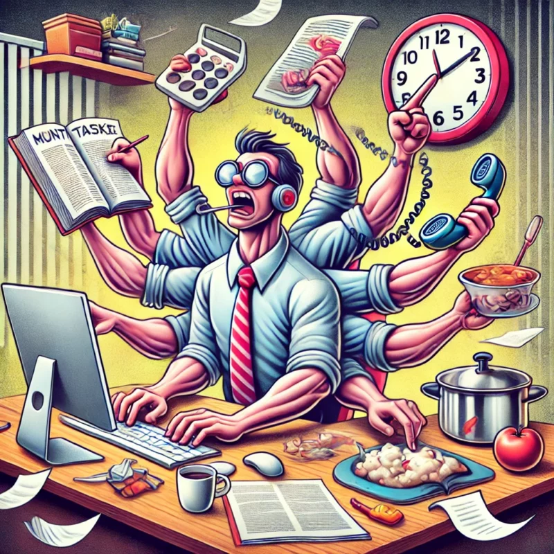 Przeciążenie pracą i stres zawodowy – ilustracja przedstawiająca wielorękiego mężczyznę w biurze, wykonującego jednocześnie wiele zadań, takich jak pisanie na komputerze, gotowanie, rozmowy telefoniczne, liczenie na kalkulatorze i czytanie dokumentów. Przerysowany styl podkreśla presję czasu, multitasking i chaos w miejscu pracy, symbolizując wypalenie zawodowe i nadmierne obciążenie obowiązkami.