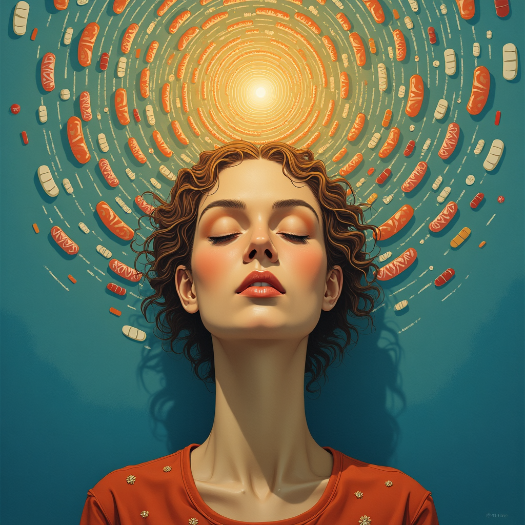 Artystyczna ilustracja przedstawiająca młodą kobietę z zamkniętymi oczami i spokojnym wyrazem twarzy, otoczoną spiralą wirujących kapsułek i tabletek. Tło w odcieniach błękitu i pomarańczu nadaje surrealistyczny charakter, sugerując tematykę leczenia nerwicy natręctw (OCD). Obraz symbolizuje wpływ farmakoterapii oraz psychicznych mechanizmów obsesyjno-kompulsyjnych, podkreślając znaczenie zrozumienia, przyczyn i metod leczenia tego zaburzenia.