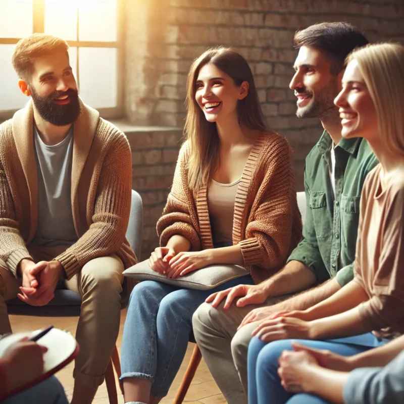 Oto wizualizacja przedstawiająca sesję terapii grupowej, podkreślającą wspólne doświadczenia i odbudowę poczucia własnej wartości w atmosferze wsparcia i wzajemnego zrozumienia. 