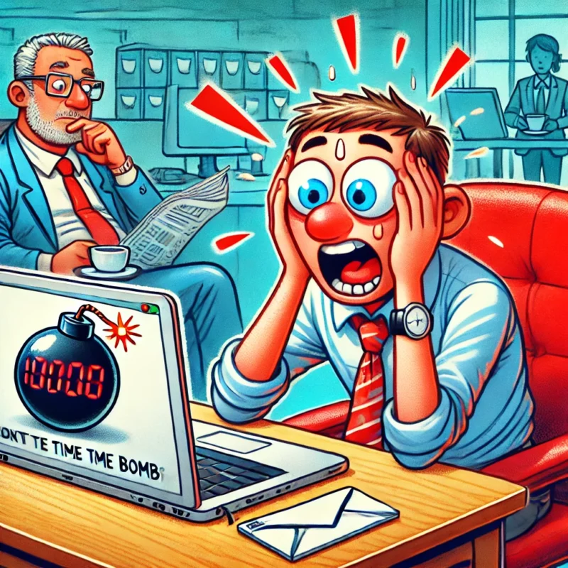 Stres zawodowy i presja czasu – ilustracja przedstawiająca zestresowanego pracownika w biurze. Symbolizuje napięcie, presję terminów i stres związany z pracą. W tle spokojny przełożony czytający gazetę, co podkreśla kontrast między stresem pracownika a brakiem reakcji przełożonych.