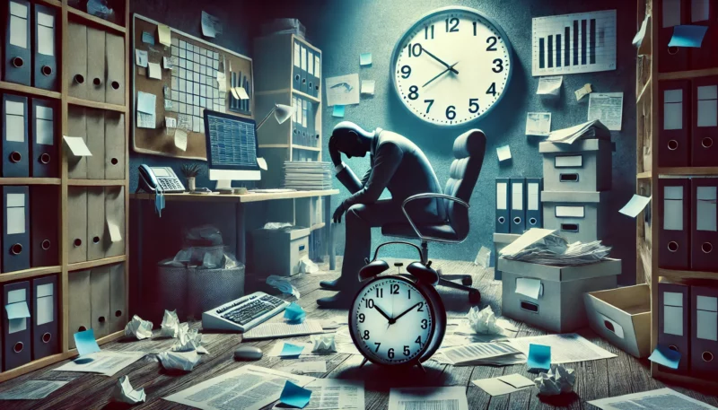 Źródła stresu w środowisku zawodowym – ilustracja przedstawiająca przytłoczonego pracownika siedzącego w zabałaganionym biurze, pełnym dokumentów, segregatorów i zegarów symbolizujących presję czasu. Obraz podkreśla czynniki stresogenne w pracy, takie jak nadmiar obowiązków, bałagan organizacyjny, presja terminów i przeciążenie informacyjne