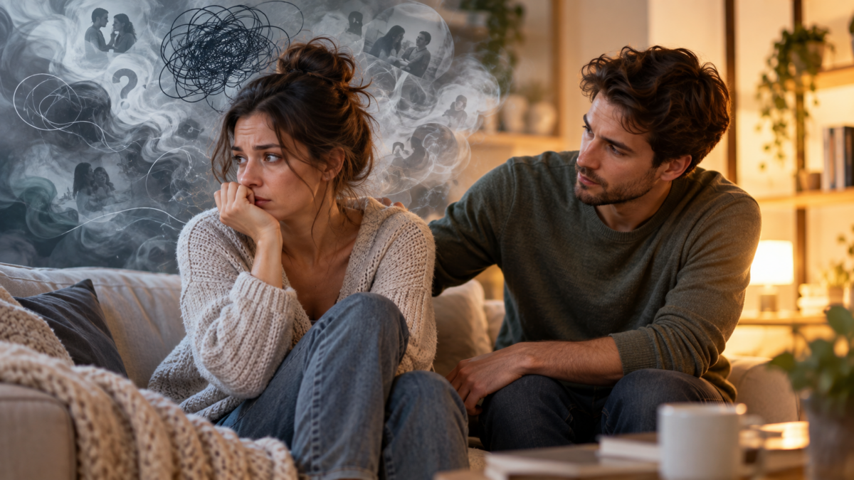 Kobieta siedząca na kanapie z oznakami lęku i napięcia, obok wspierający partner – ilustracja pokazująca neurotyzm w związku i jego wpływ na relację.