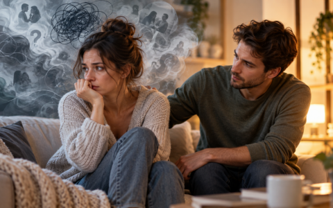 Kobieta siedząca na kanapie z oznakami lęku i napięcia, obok wspierający partner – ilustracja pokazująca neurotyzm w związku i jego wpływ na relację.