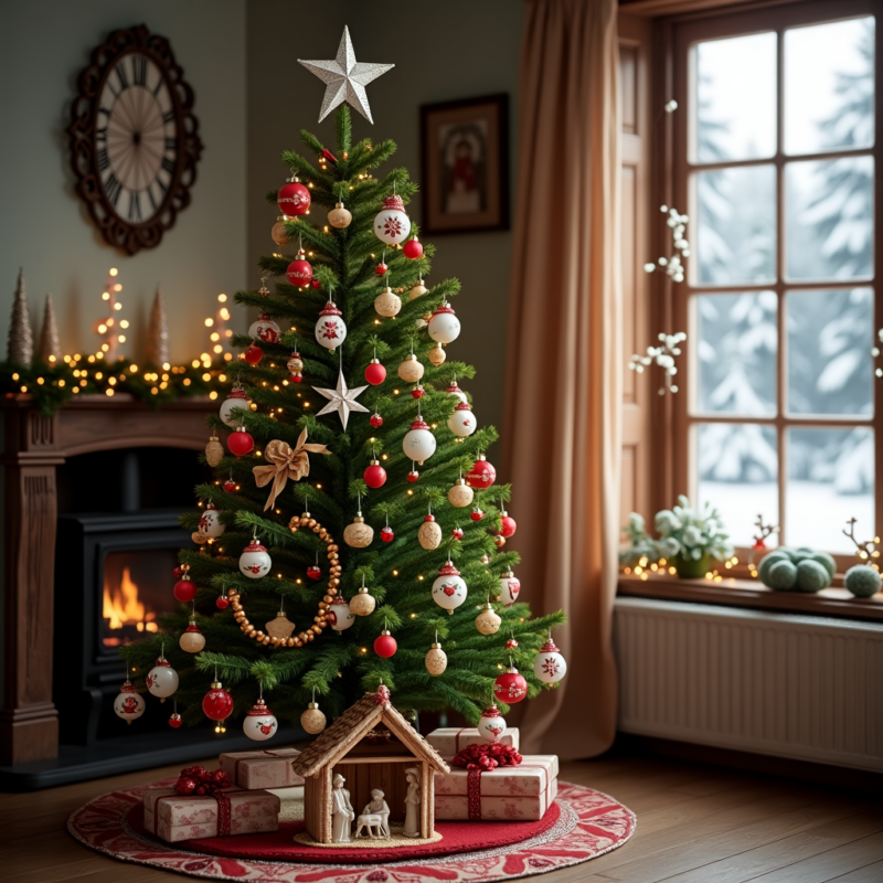 Świąteczna choinka bogato ozdobiona czerwonymi i złotymi bombkami, ustawiona w przytulnym salonie z kominkiem, prezentami oraz szopką bożonarodzeniową u podstawy, tworząca ciepłą, zimową atmosferę zaśnieżonego dnia.
