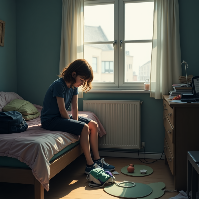 Smutna nastolatka siedząca na łóżku w przyciemnionym pokoju, z pochyloną głową i przygarbioną postawą. Obok niej leży rozrzucony plecak, buty i kilka przedmiotów na podłodze, sugerujących brak energii lub motywacji. Pokój wygląda na uporządkowany, ale z subtelnymi oznakami zaniedbania, co może symbolizować objawy depresji, takie jak izolacja, zmęczenie i brak zainteresowania codziennymi czynnościami.