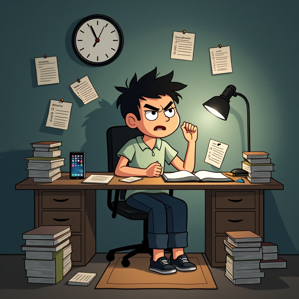 Neurotyczność – ilustracja zestresowanego ucznia siedzącego przy biurku, otoczonego książkami i notatkami. Jego frustracja, spięta postawa i napięcie emocjonalne odzwierciedlają cechy neurotyczności, takie jak podatność na stres, niepokój i emocjonalna niestabilność.