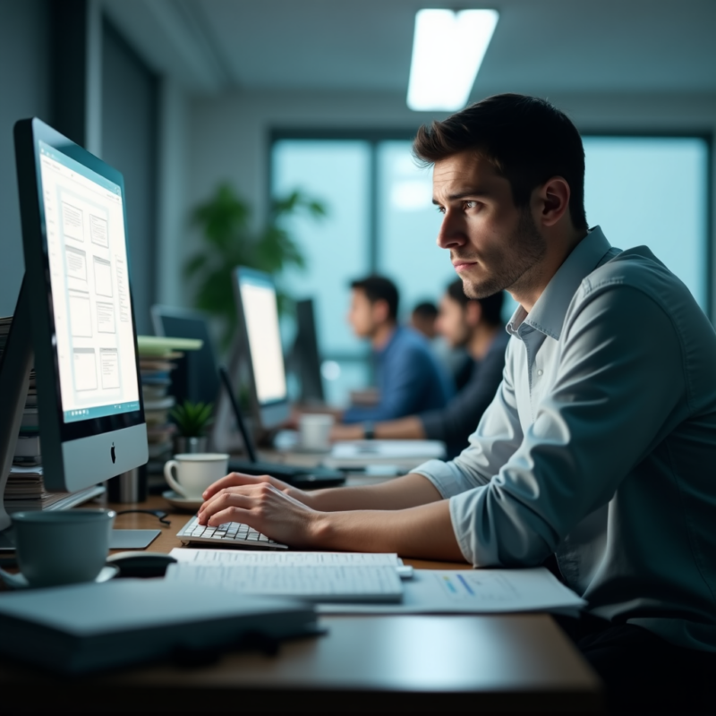 Biuro z pracownikiem skupionym na pracy przy komputerze, otoczonym dokumentami i kubkiem kawy, w tle widoczni inni pracownicy. Scena symbolizuje wyzwania neurotyzmu w środowisku zawodowym, takie jak nadmierne zamartwianie się, perfekcjonizm i stres. Jednocześnie przedstawia możliwość efektywnego zarządzania emocjami w pracy poprzez koncentrację i organizację.