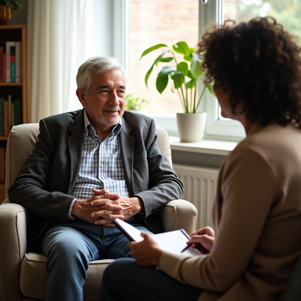 Pomoc psychologiczna dla seniorów – starszy mężczyzna w gabinecie psychologa podczas rozmowy terapeutycznej. Indywidualne wsparcie psychologiczne dla osób starszych pomaga w radzeniu sobie z emocjonalnymi wyzwaniami i poprawie jakości życia