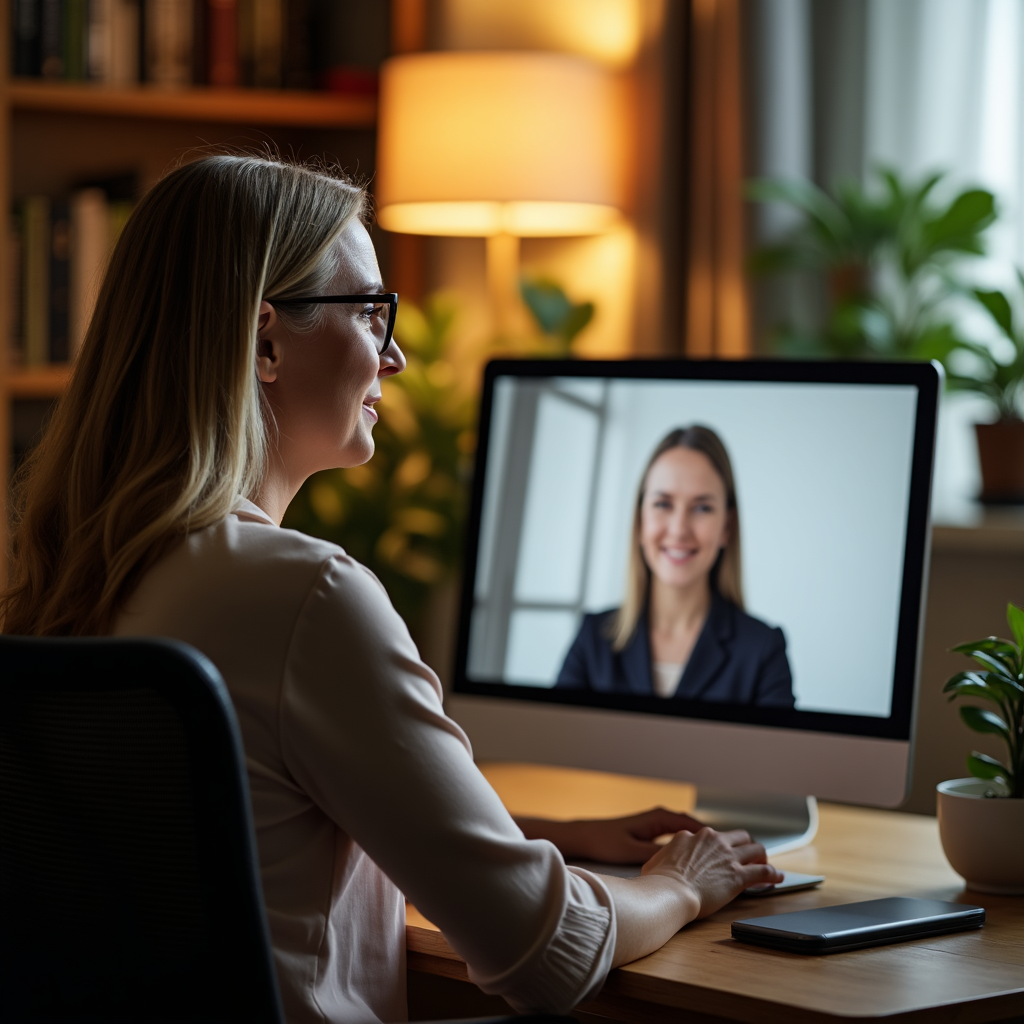 Kobieta podczas sesji psychoterapii online, rozmawiająca z terapeutką za pośrednictwem komputera. Czy terapia online ma sens?