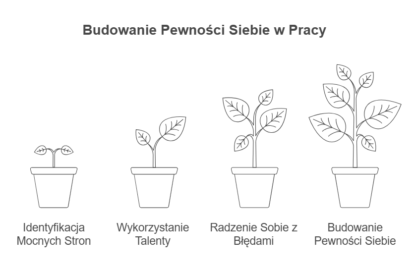 Infografika przedstawiająca proces budowania pewności siebie w pracy w formie wzrastających roślin. Cztery etapy: identyfikacja mocnych stron, wykorzystanie talentów, radzenie sobie z błędami oraz budowanie pewności siebie.