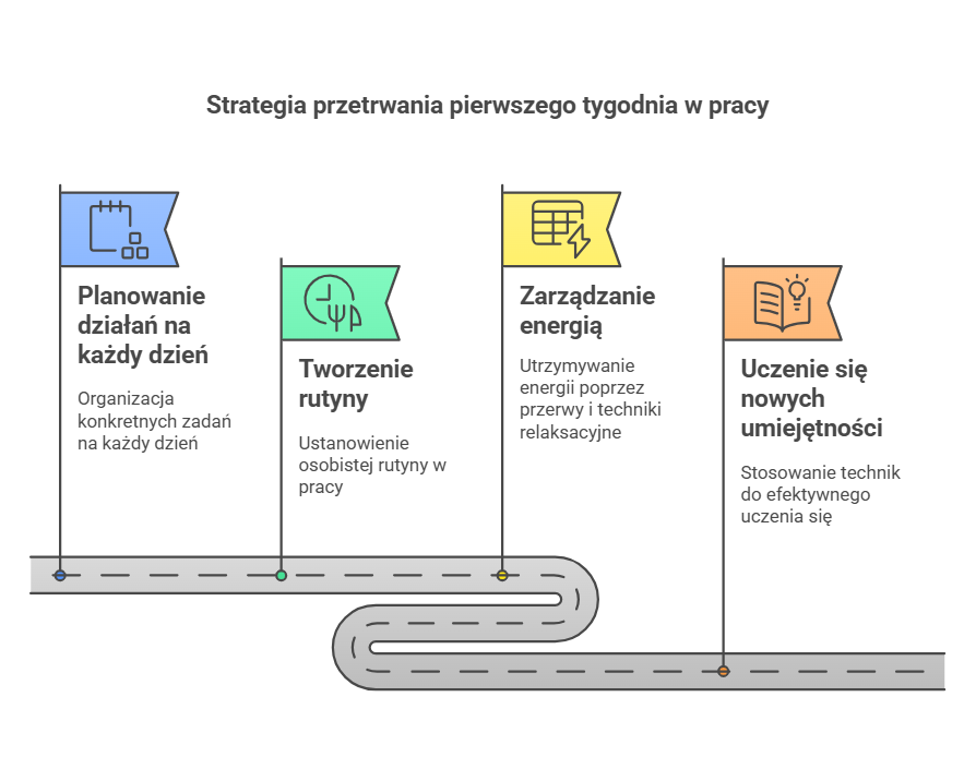 Infografika przedstawiająca strategię przetrwania pierwszego tygodnia w pracy. Zawiera cztery kluczowe elementy: planowanie działań na każdy dzień, tworzenie rutyny, zarządzanie energią oraz uczenie się nowych umiejętności.
