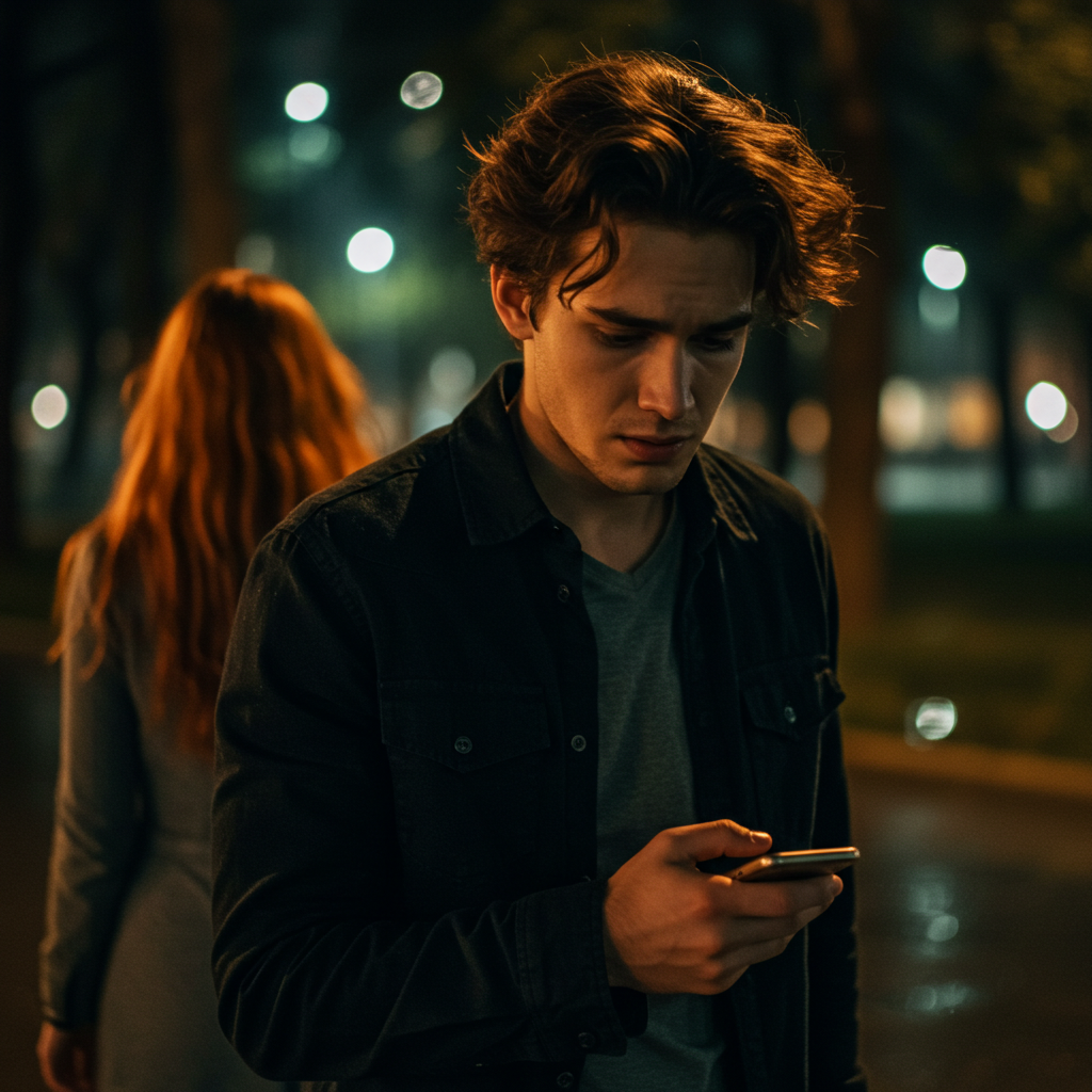 Lęk przed odrzuceniem w związku – młody mężczyzna patrzy ze smutkiem na telefon, podczas gdy kobieta odchodzi w tle. Nocna sceneria z rozmytymi światłami podkreśla atmosferę samotności i niepewności emocjonalnej.