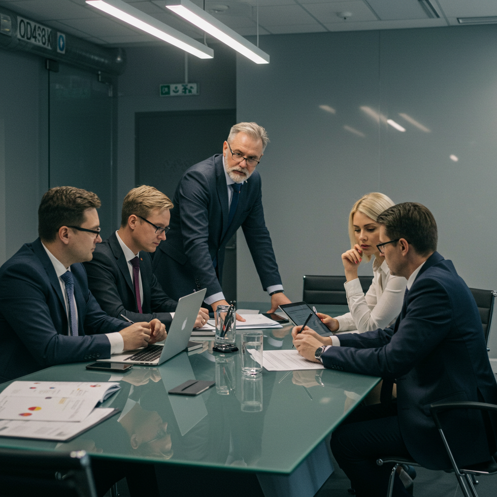 Praca grupowa w korporacji – zespół profesjonalistów w eleganckiej sali konferencyjnej podczas biznesowego spotkania. Dyskusja nad strategiami.