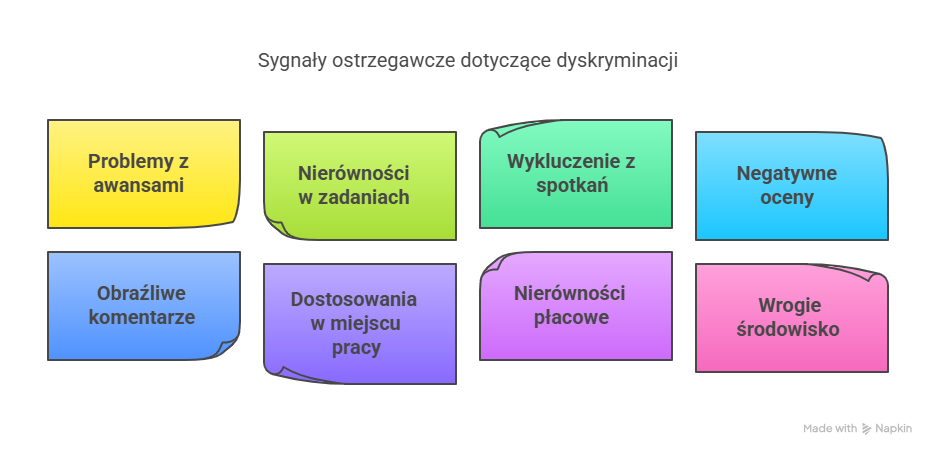 Kolorowa grafika przedstawiająca sygnały ostrzegawcze dotyczące dyskryminacji, takie jak problemy z awansami, nierówności płacowe i wrogie środowisko.