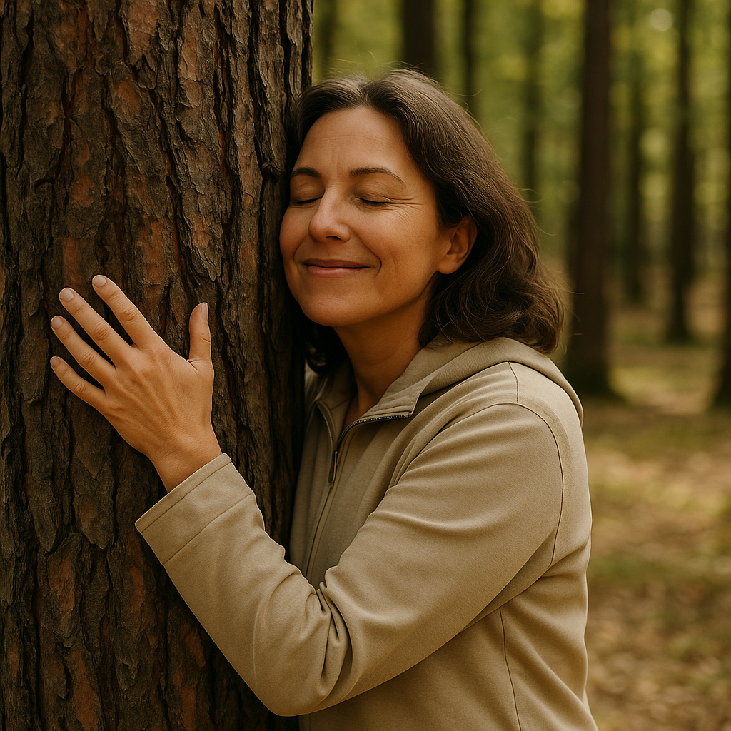 Kobieta w średnim wieku przytulająca drzewo w lesie, drzewoterapia, naturalna metoda redukcji stresu i poprawy zdrowia psychicznego.