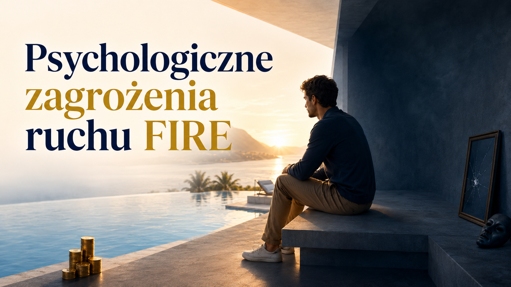 Pozioma okładka artykułu o psychologicznych zagrożeniach ruchu FIRE – mężczyzna siedzi na tarasie przy basenie i patrzy na zachód słońca, obok leżą monety, a na grafice widnieje tytuł Psychologiczne zagrożenia ruchu FIRE.