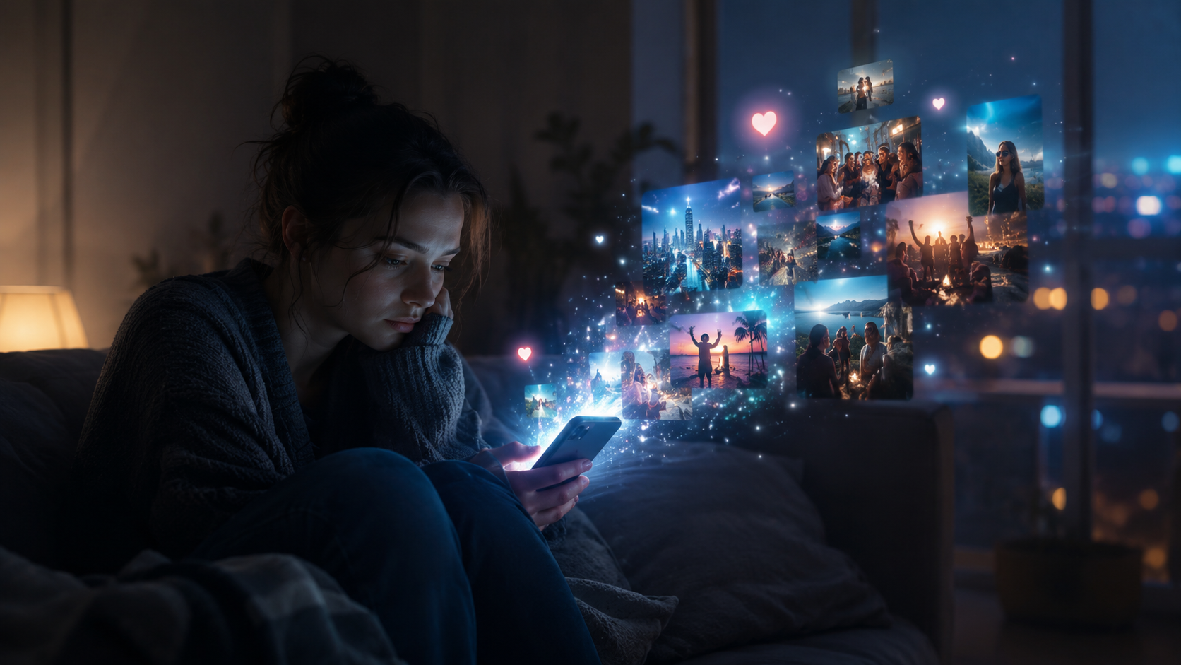 Kobieta patrząca w smartfon wieczorem, wokół niej unoszą się obrazy z mediów społecznościowych symbolizujące FOMO i lęk przed pominięciem