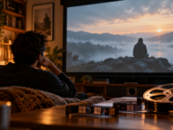 Mężczyzna siedzący na kanapie ogląda film na dużym ekranie, a na stole leżą szpula i taśma filmowa.